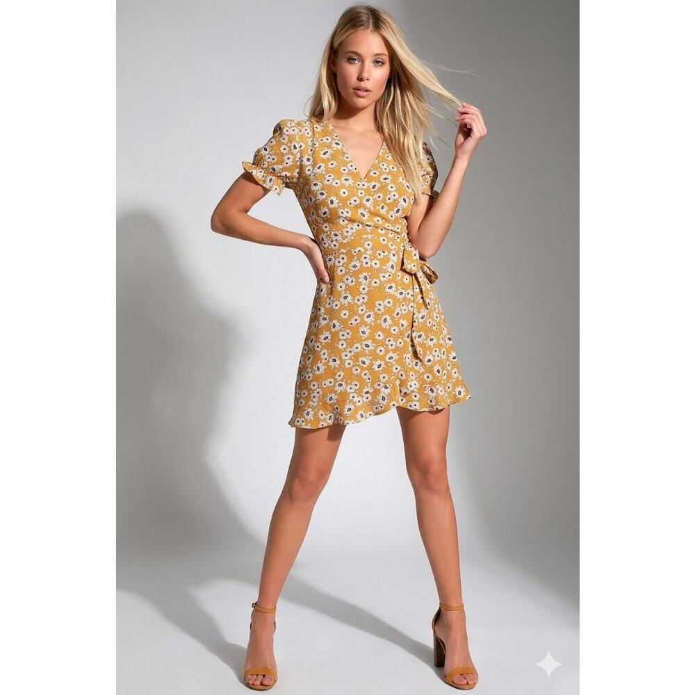 Sadie & Sage Mustard Yellow Dainty Floral Wrap Summer Dress Medium Cottagecore